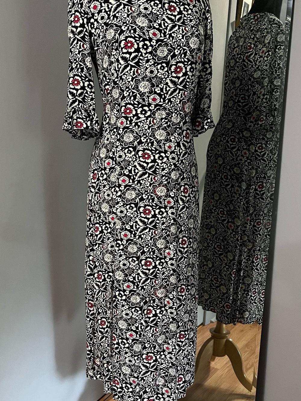 LOFT Black Midi Dress with White Floral Print and Red Accents